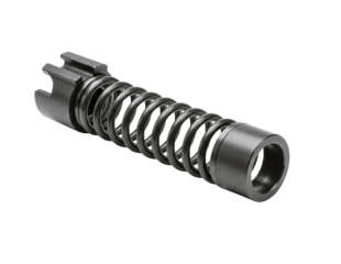 Close up of a black metal spring mechanism with a cylindrical housing