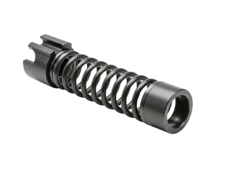 Close up of a black metal spring mechanism with a cylindrical housing - Powered by Adobe