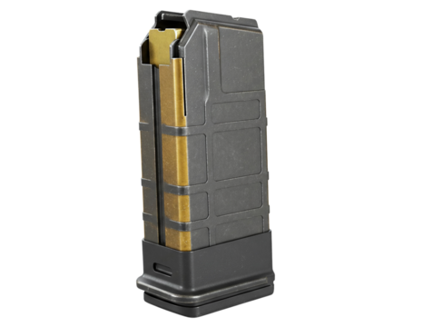 Black rifle magazine with orange follower on transparent background