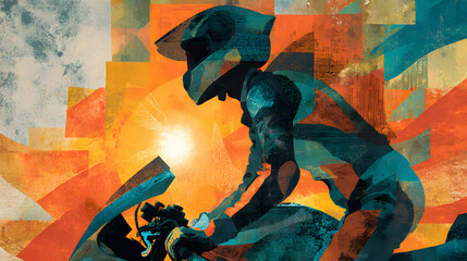 Abstract Vibrant Collage of Boy and Motorcycle in Fragmented Brush Strokes of Orange, Teal, and Charcoal with Swirling Sun Flare Gradients and Cityscape , Expressive Close-Up