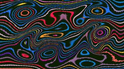 ABSTRACT ILLUSTRATION RIPPLE TEXTURE LIQUIFY PSYCHEDELIC FLAT COLOR ROUGH DESIGN. OPTICAL ILLUSION DARK BACKGROUND VECTOR DESIGN