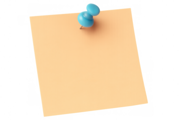 Orange sticky note pinned by blue pushpin, highlighting key information against clean transparent surface with minimalist design approach