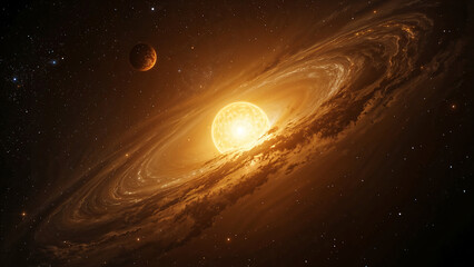 A majestic binary star system with a bright yellow sun and a dim red dwarf swirls with space dust, set against a starry, nebula-filled deep black cosmos, creating a hypnotic whirlpool.