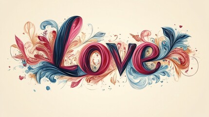 Colorful floral love word art, design element, Valentine's Day card