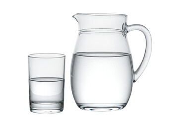 A glass pitcher filled with clear water sits next to a glass of water isolated on transparent background