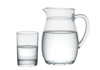 A glass pitcher filled with clear water sits next to a glass of water isolated on transparent background