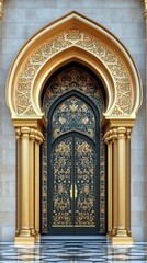 Detailed gold arabesque door with tall columns in front of a building with tan brick walls