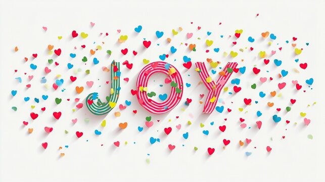 Colorful word "JOY" with striped design, surrounded by confetti-like hearts in various colors - Powered by Adobe