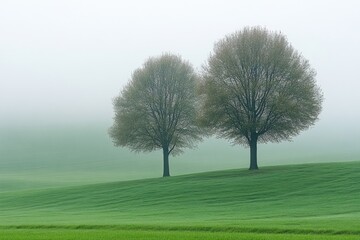 Obraz premium Two trees stand side-by-side on a lush green hill, engulfed in thick fog, serene, minimal