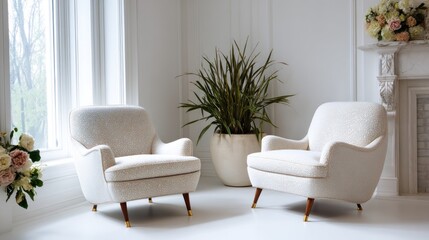 Two cream armchairs flank a potted plant in a bright, minimalist room