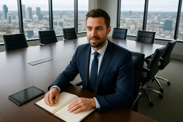 Businessman sits ready at conference table in skyscraper office.