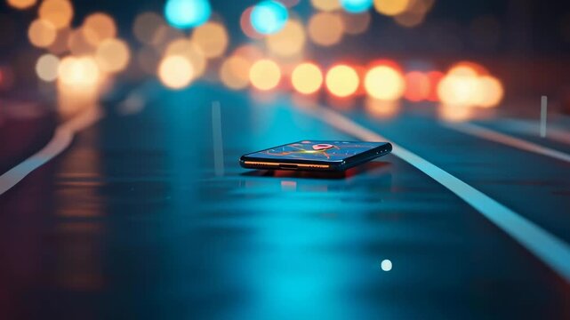 A cell phone with a red dot on it that says "map" is placed on a road. The dot is located in the center of the phone, and it is a GPS or map application. The phone is positioned on a surface