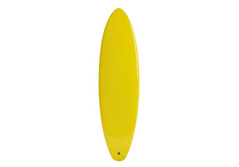 A bright yellow surfboard standing upright, ready for a day of surfing, isolated on a clean transparent background