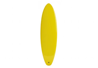 A bright yellow surfboard standing upright, ready for a day of surfing, isolated on a clean transparent background