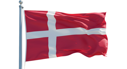 The national flag of Denmark waving proudly against a clear blue sky. The flag has a distinctive white cross on a red background, a symbol of the nation's history and pride.