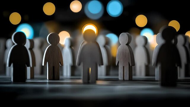 Wooden figure individuality leadership standing out group and crowd, illuminated unique concept with bokeh background, glowing wooden figure symbolizes leadership, inspiration, motivation, success