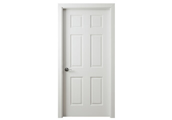 A classic sixpanel white interior door with a silver knob, isolated on a transparent background