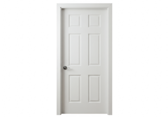 A classic sixpanel white interior door with a silver knob, isolated on a transparent background