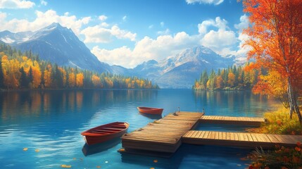 Serene autumn landscape two red rowboats moored at a wooden dock on a calm lake, surrounded by colorful trees and majestic mountains under a bright sky.