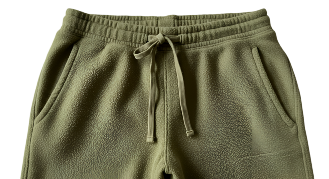 Close-up of olive green fleece jogging pants.