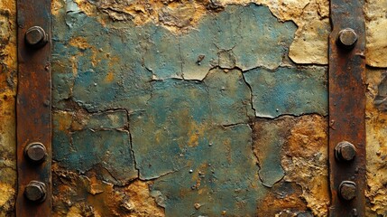 Abstract view of corroded metal surface shows rust, cracks, and faded blue. Patina of decay and age