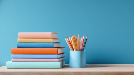 Fototapeta premium Pastel-colored books and colored pencils on a light wood surface against a blue background