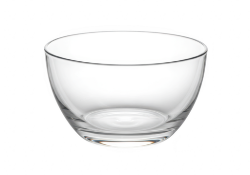 A simple, clear glass bowl, empty and ready for use, isolated on a transparent background