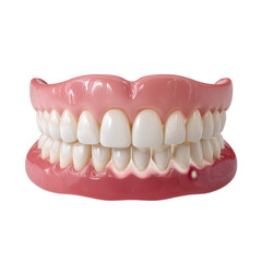 Obraz premium A full set of false teeth, or dentures, isolated on a transparent background, showing both the upper and lower teeth in a front view
