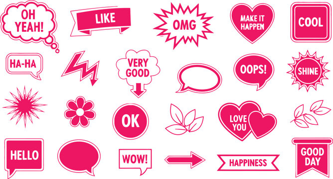 Pink speech bubbles stickers vector set with expressions like oh yeah like omg cool ha ha and more