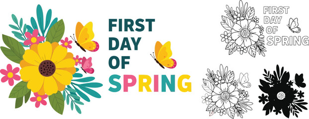 First day of spring floral design with butterflies for coloring page and vector graphics download free