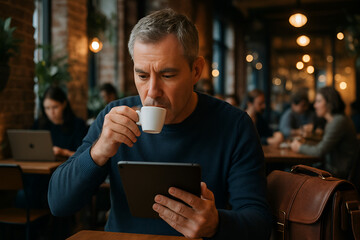 Man enjoying coffee while reading on his tablet at a cafe