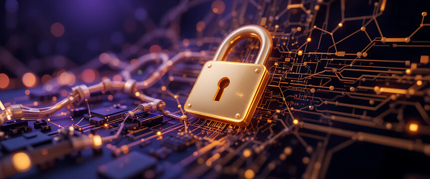 abstract block chain technology digital 3d cyber security system with lock on the middle dark purple golden lock shine shimmering micro glowing system background, negative space on the right, 