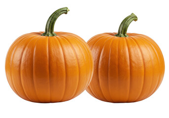 Obraz premium Two ripe orange pumpkins with green stems, isolated on a transparent background