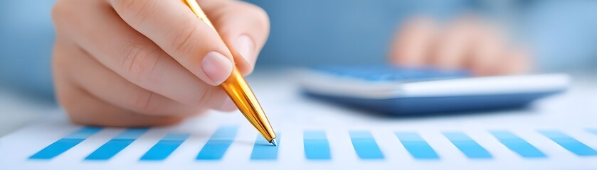 A hand holding a gold pen points at a bar chart with a calculator in the blurred background, suggesting financial analysis or business planning.
