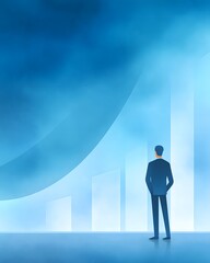 Obraz premium A businessman in a suit stands confidently, observing upward-trending bar graphs symbolizing growth and success against a blue gradient background.