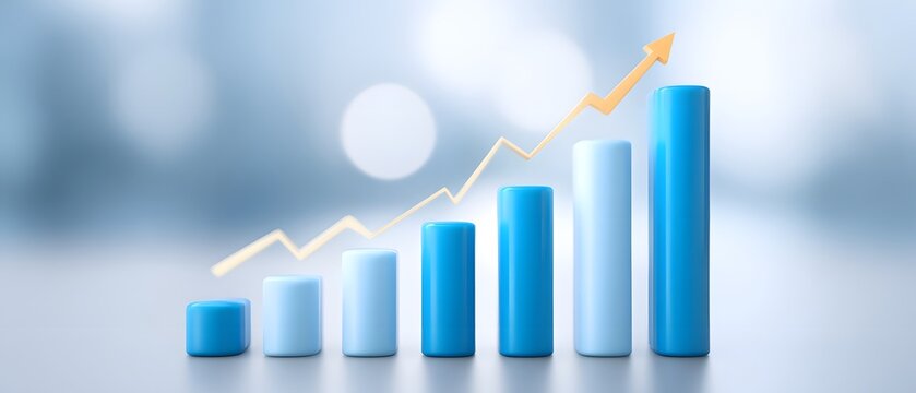 A 3D blue bar chart showing increasing growth with an upward yellow arrow, symbolizing progress and success in business or financial performance.