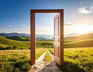 Open door to a landscape of rolling hills