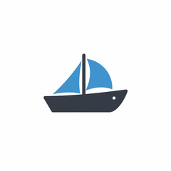 Minimalist illustration of a sailboat with a blue sail and dark hull against a white background.