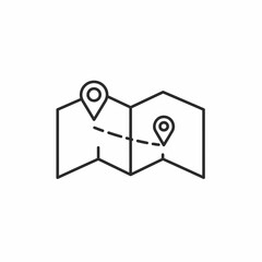 Line art illustration of an open map with two location pin markers connected by a dashed line.