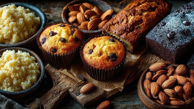 Almond flour baked goods including muffins, cookies, and bread made with gluten-free, protein-rich flour for low-carb and paleo baking