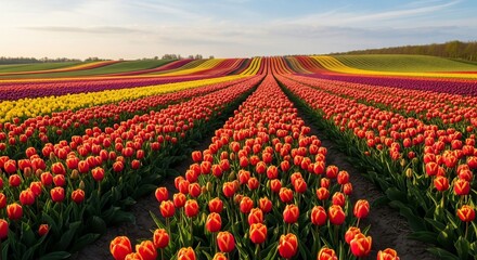 A vibrant field of colorful tulips stretches towards the horizon under a clear sky.