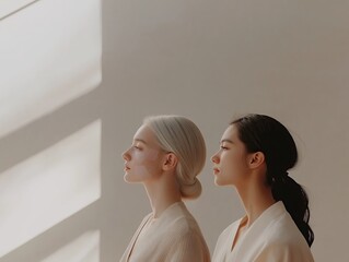 Two women in profile under soft light, one with advanced skin patches, representing futuristic beauty and skincare innovation in a serene minimalistic setting