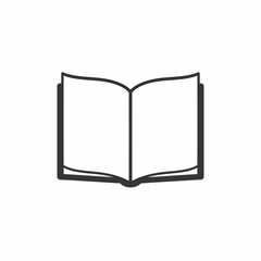An open book with blank pages is displayed in a simple, minimalist black and white illustration.