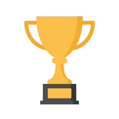 Golden trophy cup with handles on a black base, symbolizing achievement and success in a simple, flat design.