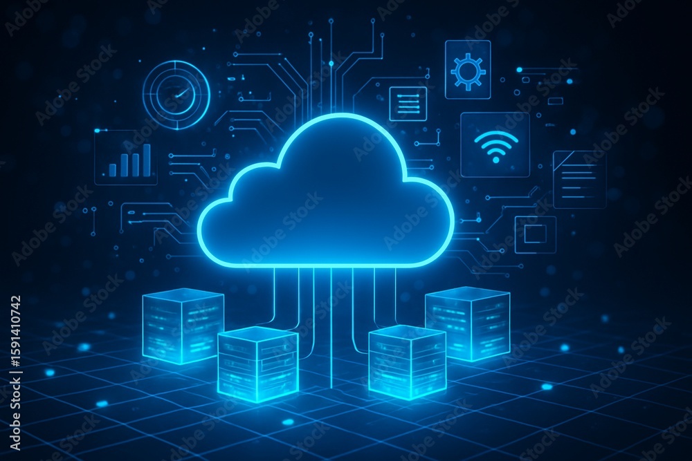 Poster digital informational technology web futuristic hologram with cloud icon, blue golden light digits a