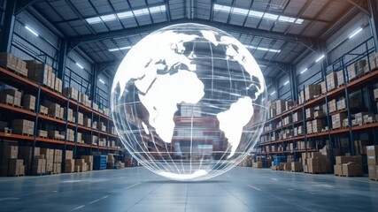 A digital globe in a warehouse symbolizes global supply chain connectivity. 4k video - Powered by Adobe