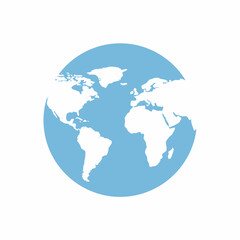 A simplified, stylized globe illustration featuring white continents against a light blue ocean background.