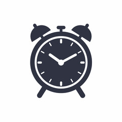 A simple black and white illustration of a classic twin-bell alarm clock showing the time.