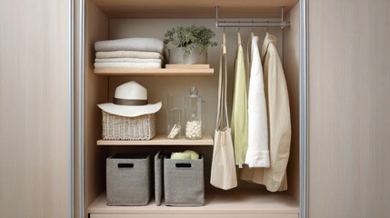 Organized vertical hanger storage inside a minimalist sliding wardrobe