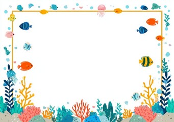 Cheerful Underwater Scene with Colorful Fish and Coral Reef in a Golden Frame